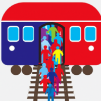crear un tren lleno de pasajeros color rojo y azul 